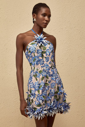 Doriane Blue Halterneck Floral Embroidered Mini Dress