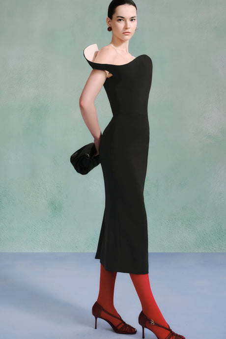 Teagan Midi Dress Asymmetric Sculptural Neckline Black