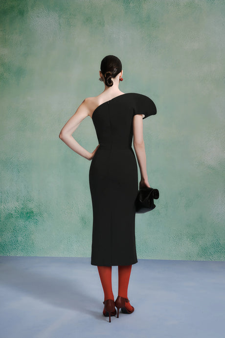 Teagan Midi Dress Asymmetric Sculptural Neckline Black