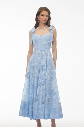 Doris Blue Sweetheart Floral Embroidered Maxi Dress