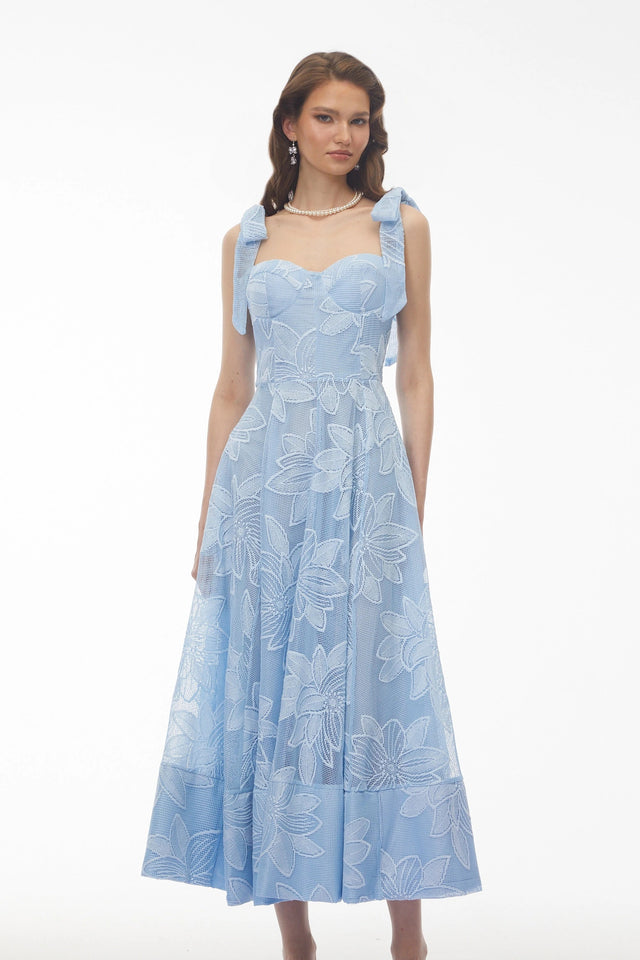 Doris Blue Sweetheart Floral Embroidered Maxi Dress