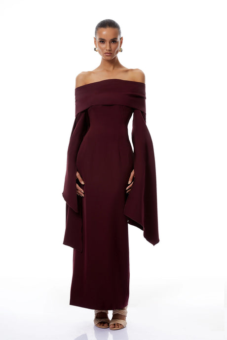 Meredith Burgundy Off Shoulder Maxi Gown