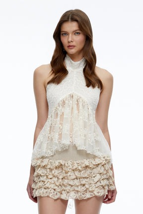 Dorothea Neutral Lace Ruffled Top  Skirt Set
