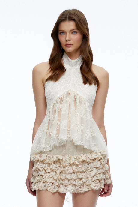 Layla Neutral Lace Ruffled Top & Skirt Set