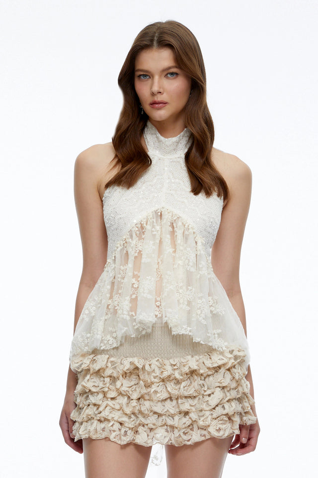 Dorothea Neutral Lace Ruffled Top  Skirt Set