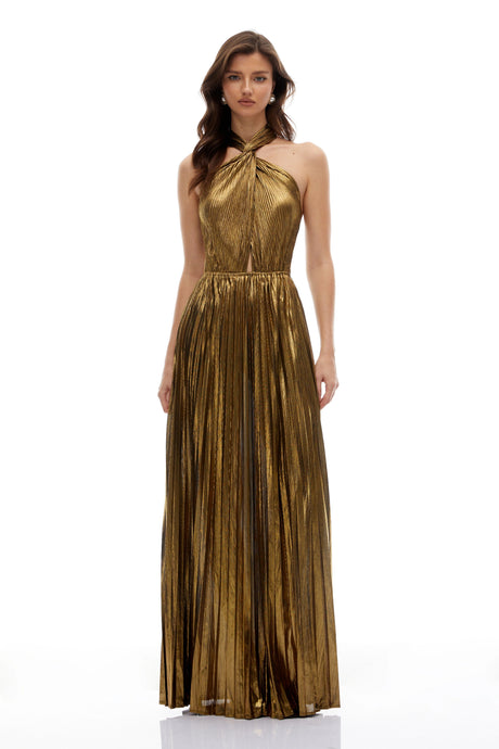 Esme Maxi Dress Gold Halterneck Pleated