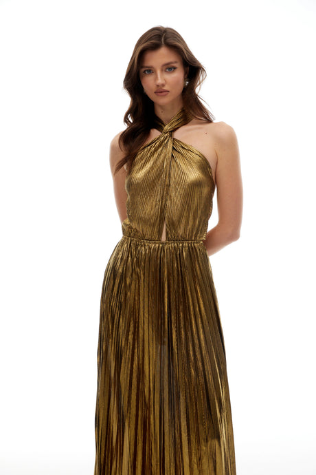 Esme Maxi Dress Gold Halterneck Pleated