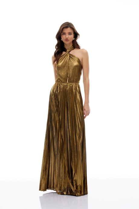 Esme Maxi Dress Gold Halterneck Pleated