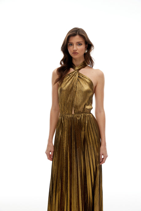 Esme Maxi Dress Gold Halterneck Pleated