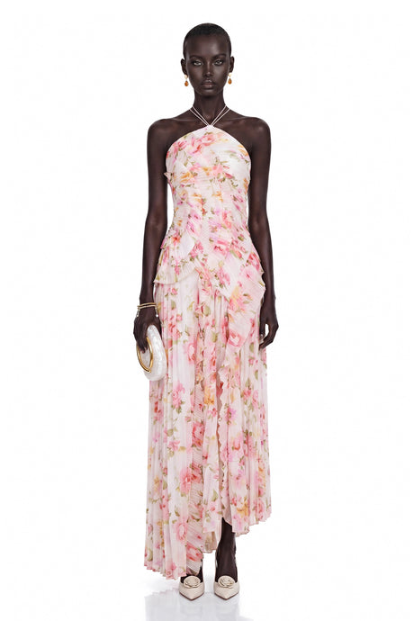 Cinzia Midi Dress Pink Floral Ruffled Trim Pleated