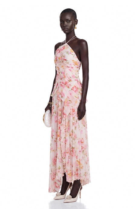 Cinzia Midi Dress Pink Floral Ruffled Trim Pleated