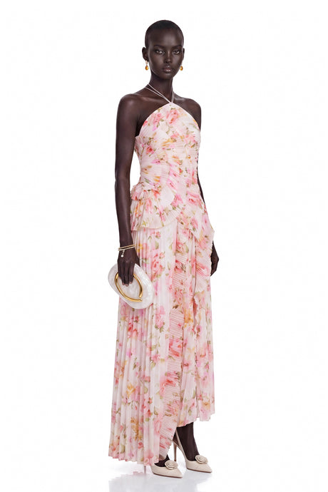 Cinzia Midi Dress Pink Floral Ruffled Trim Pleated