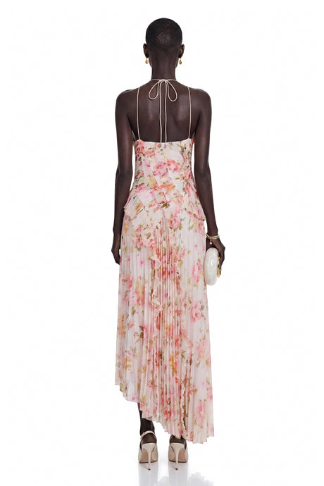 Cinzia Midi Dress Pink Floral Ruffled Trim Pleated