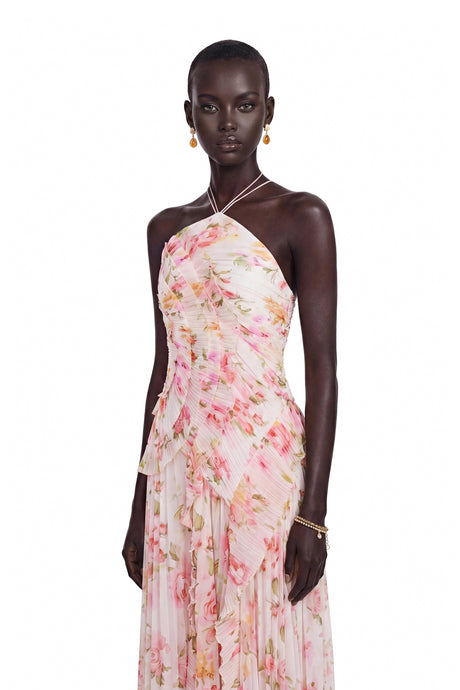 Cinzia Midi Dress Pink Floral Ruffled Trim Pleated