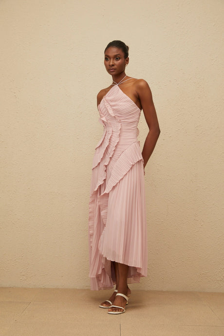 Mariella Midi Dress Pink Ruffled Trim Pleated