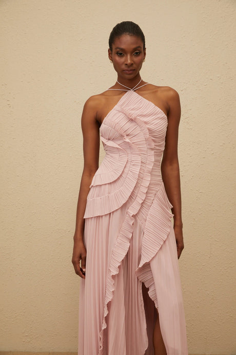 Mariella Midi Dress Pink Ruffled Trim Pleated