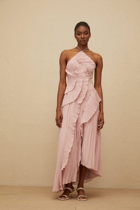 Mariella Midi Dress Pink Ruffled Trim Pleated