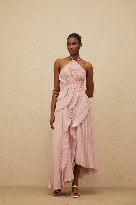 Mariella Midi Dress Pink Ruffled Trim Pleated