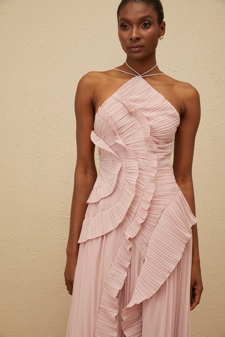 Mariella Midi Dress Pink Ruffled Trim Pleated