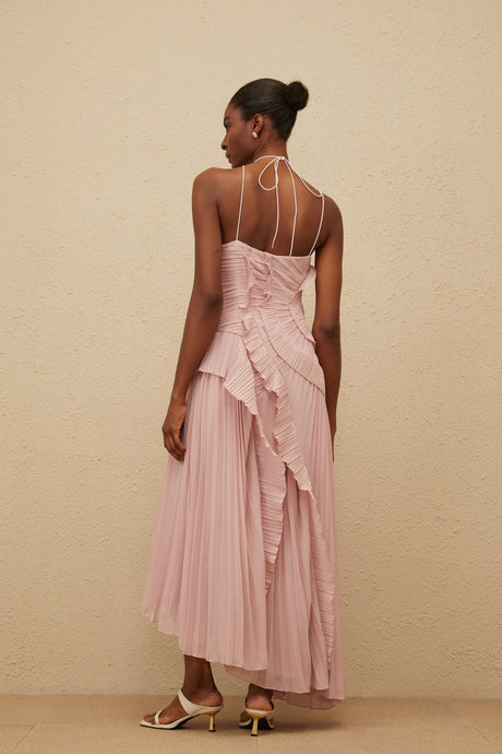 Mariella Midi Dress Pink Ruffled Trim Pleated
