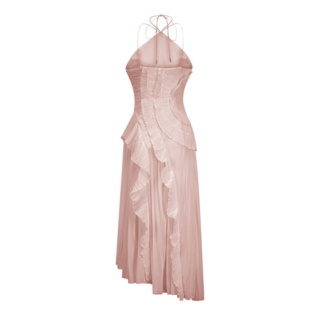 Mariella Midi Dress Pink Ruffled Trim Pleated