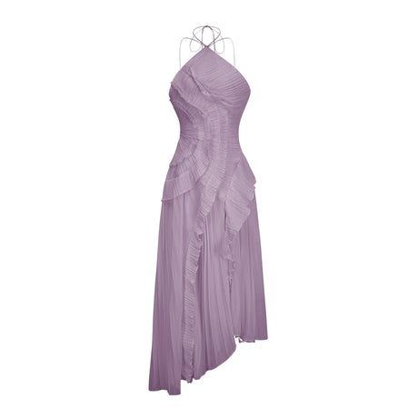 Everleigh Midi Dress Purple Ruffled Trim Pleated