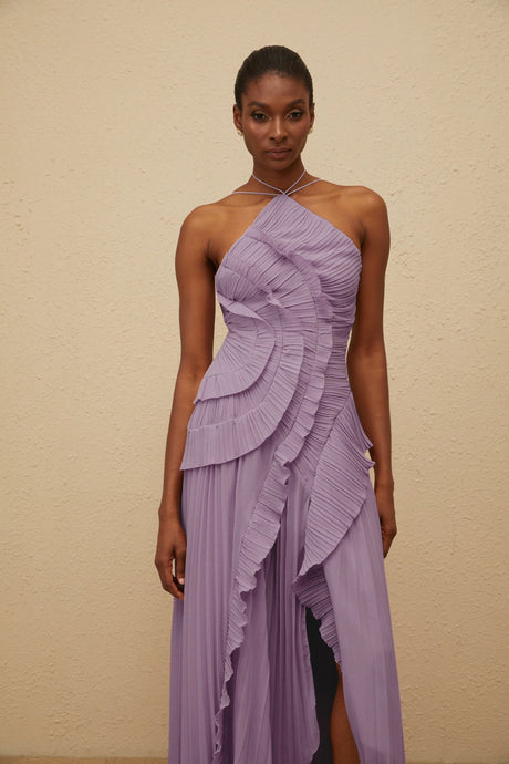 Everleigh Midi Dress Purple Ruffled Trim Pleated