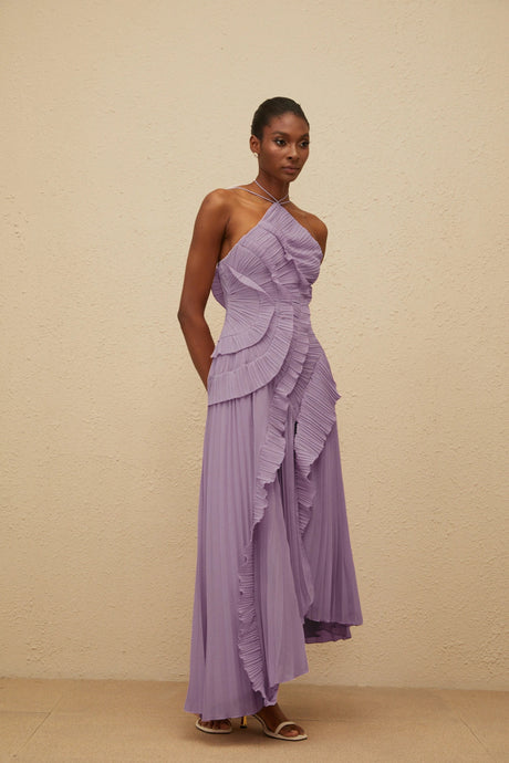 Everleigh Midi Dress Purple Ruffled Trim Pleated