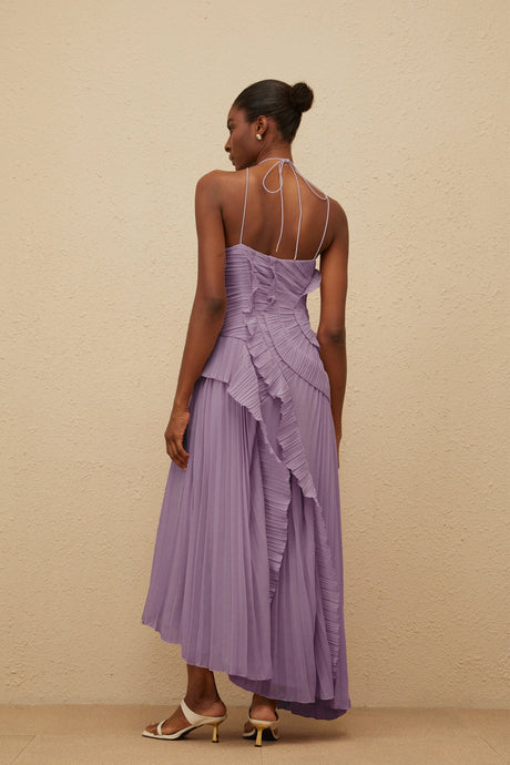 Everleigh Midi Dress Purple Ruffled Trim Pleated