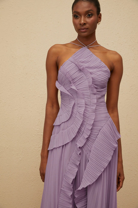 Everleigh Midi Dress Purple Ruffled Trim Pleated