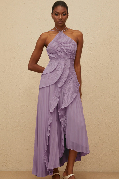 Everleigh Midi Dress Purple Ruffled Trim Pleated