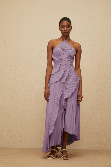 Everleigh Midi Dress Purple Ruffled Trim Pleated