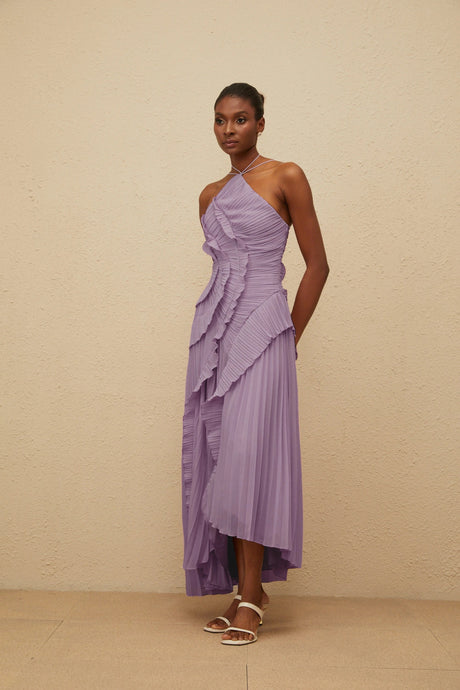 Everleigh Midi Dress Purple Ruffled Trim Pleated
