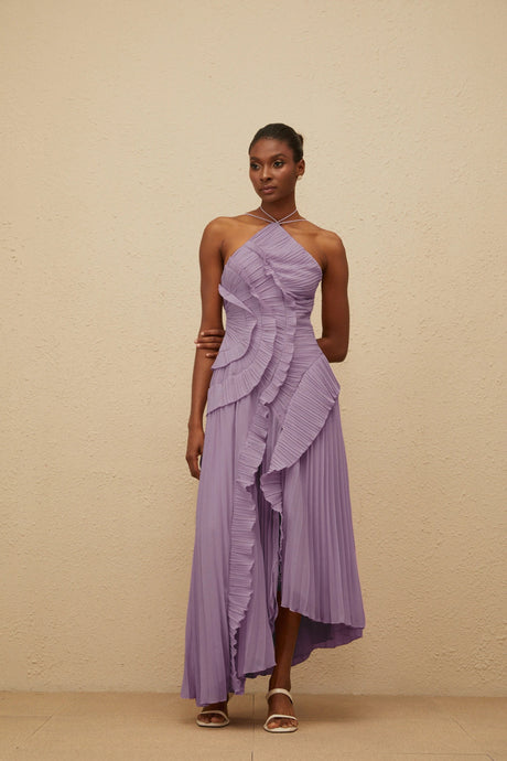 Everleigh Midi Dress Purple Ruffled Trim Pleated