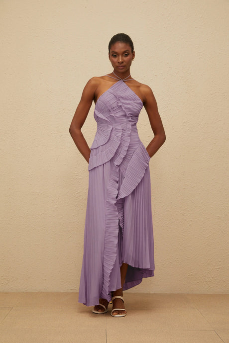 Everleigh Midi Dress Purple Ruffled Trim Pleated