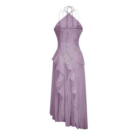 Everleigh Midi Dress Purple Ruffled Trim Pleated