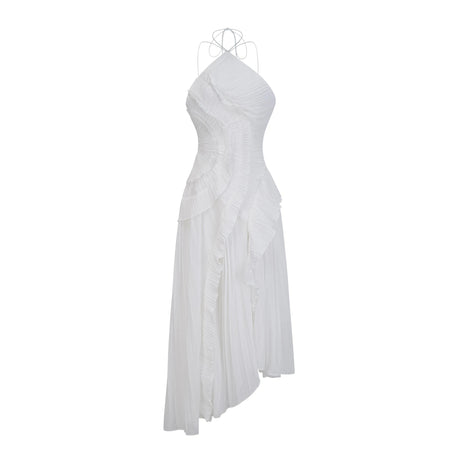 Geraldina Midi Dress White Ruffled Trim Pleated
