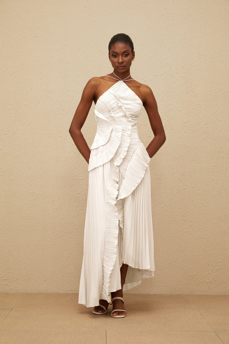 Geraldina Midi Dress White Ruffled Trim Pleated
