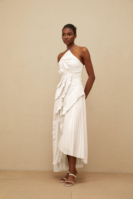 Geraldina Midi Dress White Ruffled Trim Pleated