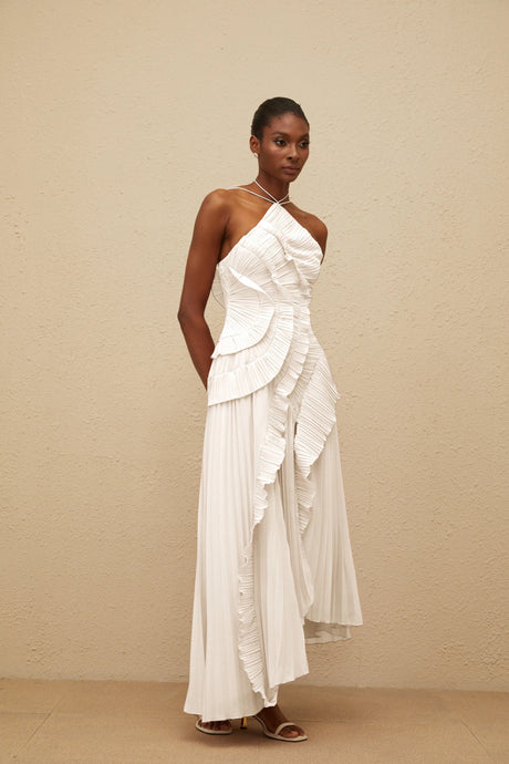 Geraldina Midi Dress White Ruffled Trim Pleated