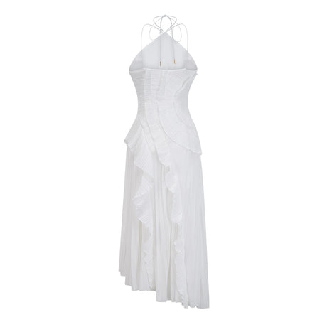 Geraldina Midi Dress White Ruffled Trim Pleated