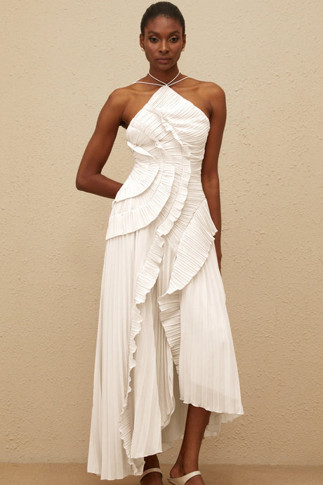 Geraldina Midi Dress White Ruffled Trim Pleated
