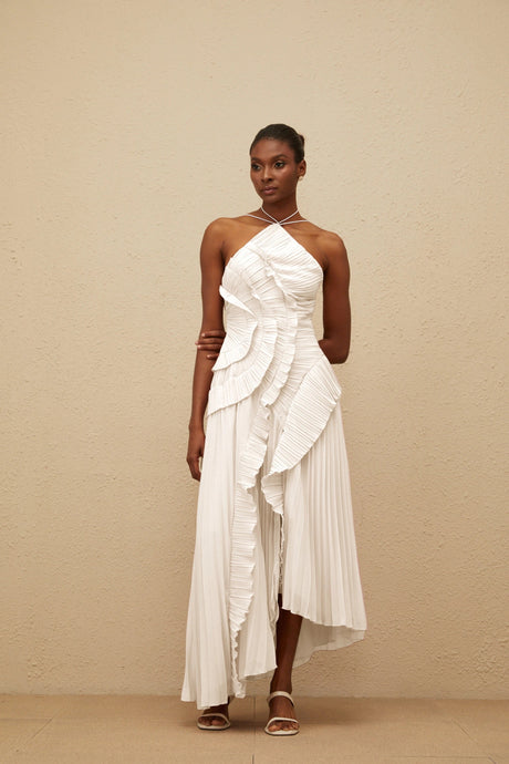 Geraldina Midi Dress White Ruffled Trim Pleated