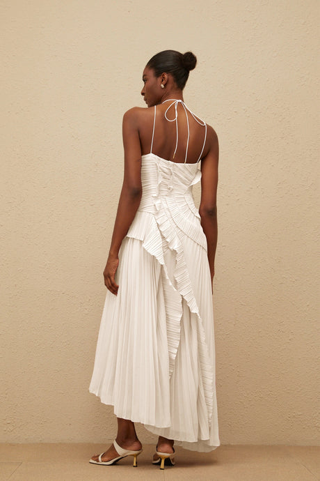 Geraldina Midi Dress White Ruffled Trim Pleated