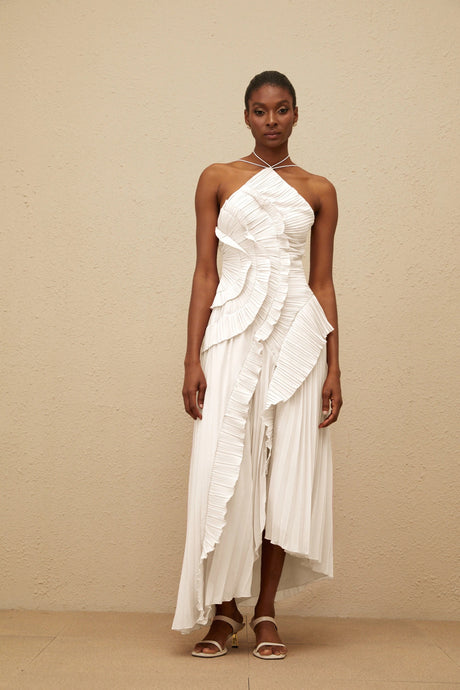 Geraldina Midi Dress White Ruffled Trim Pleated