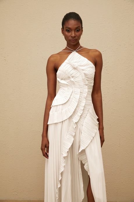 Geraldina Midi Dress White Ruffled Trim Pleated