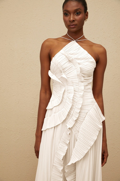 Geraldina Midi Dress White Ruffled Trim Pleated