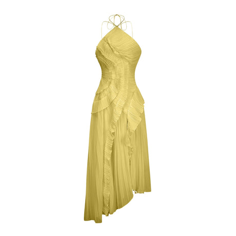 Katherine Midi Dress Yellow Ruffled Trim Pleated