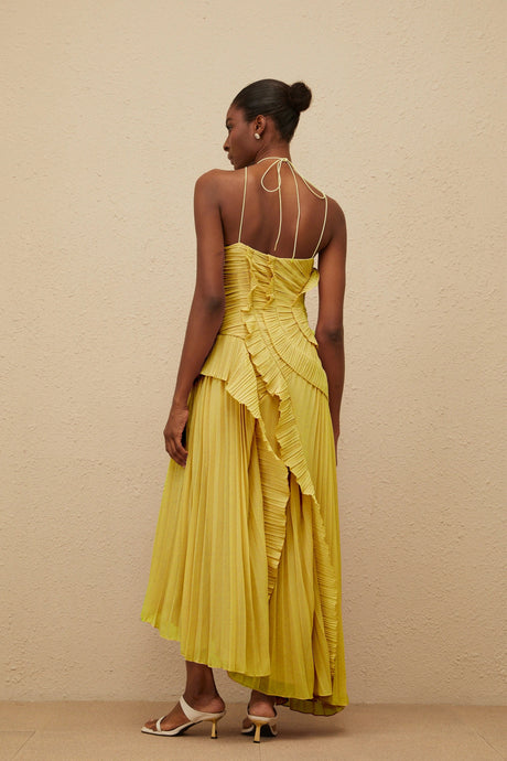 Katherine Midi Dress Yellow Ruffled Trim Pleated