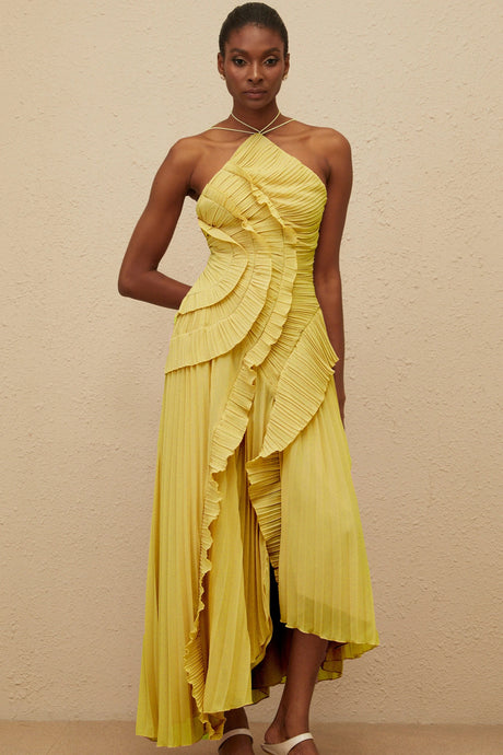 Katherine Midi Dress Yellow Ruffled Trim Pleated